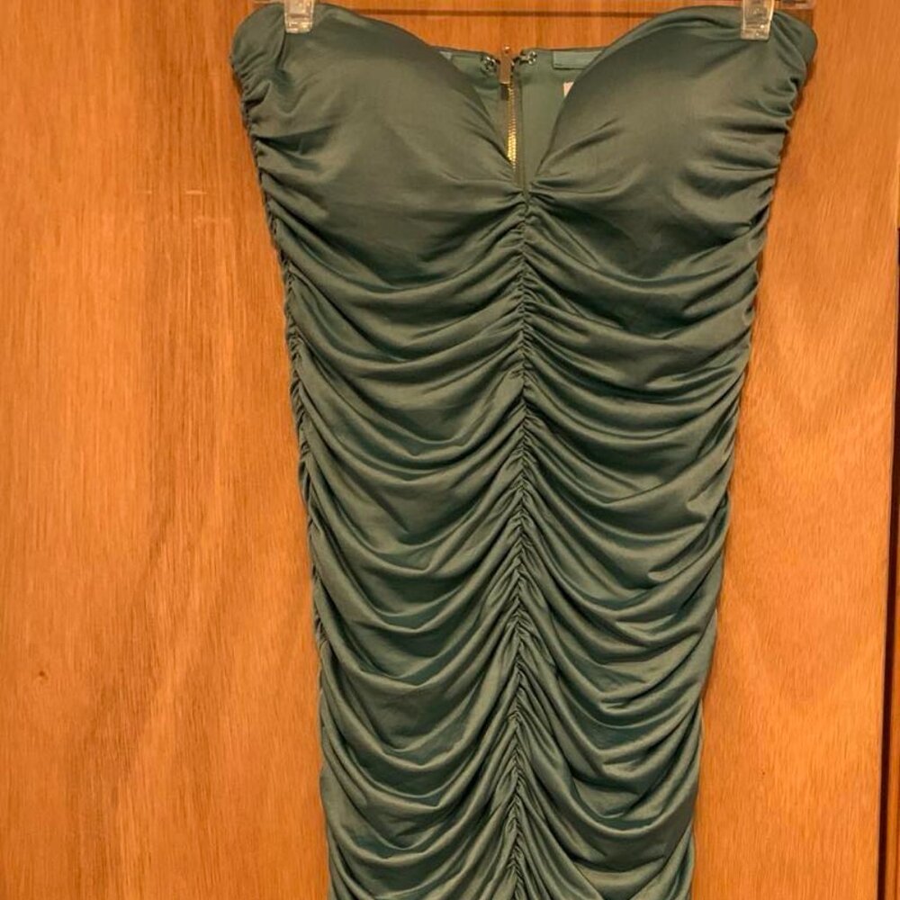 Strapless large Fashion Nova ruched gown sage green prom dress slinky bodycon
